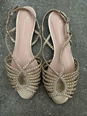 Anthropologie Metallic Gold Braided Slingback Sandals